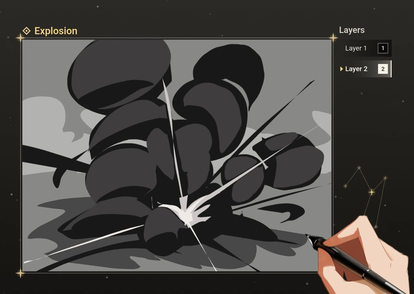 An exported timelapse with the celestial Fantasy frame skin and animated custom hand cursor drawing ground shadows