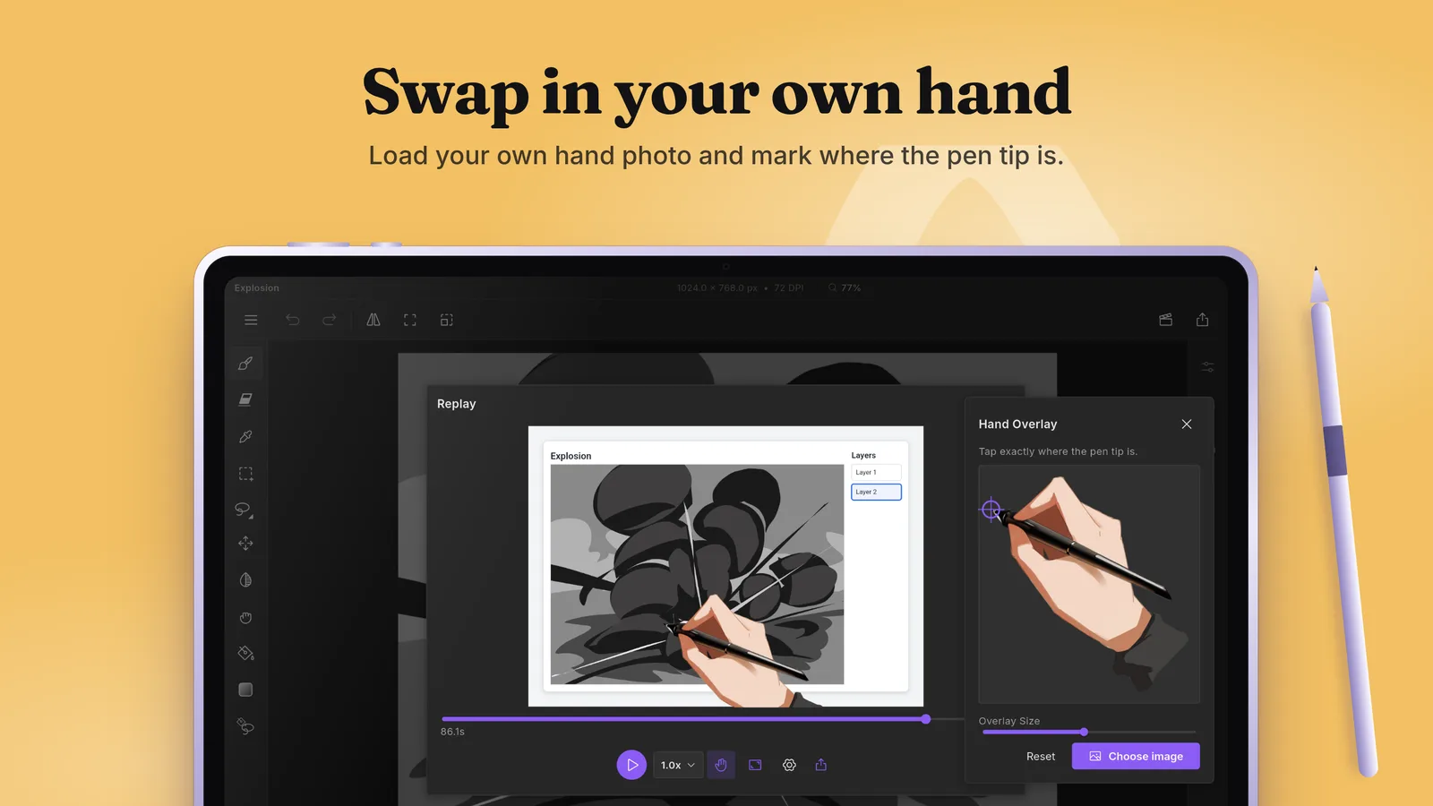 Swap in your own hand: the Hand Overlay window with a custom image and pen tip calibration